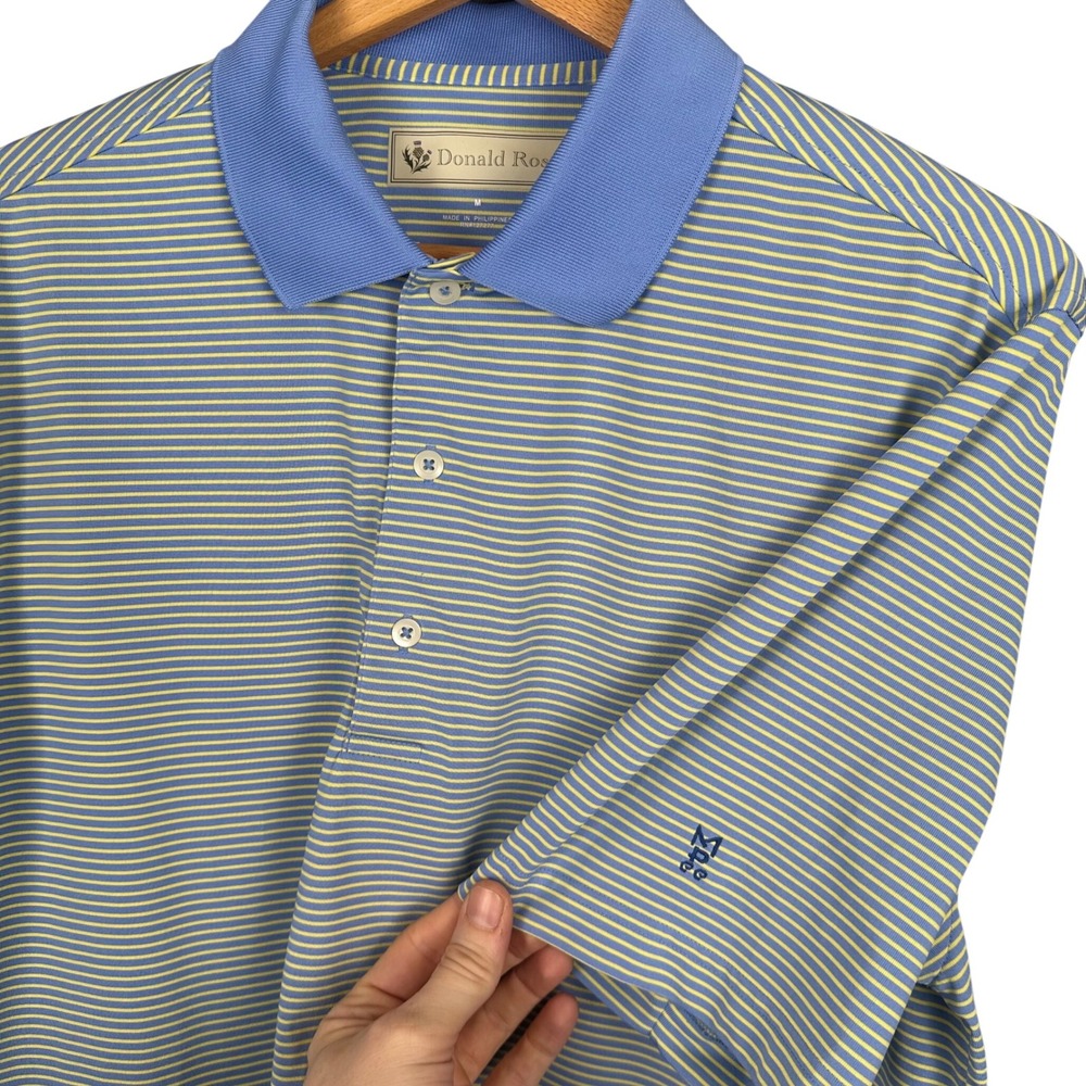 Donald Ross Mens Blue Yellow Striped Golf Polo Shirt Short Sleeve Size M